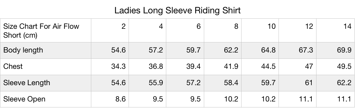 Ladies long sleeve riding shirt - size chart