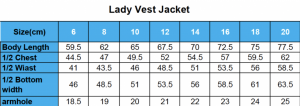 Ladies vest - size chart